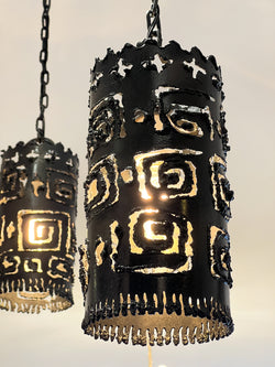 Very Cool Pair of 1970s Brutalist Torch Cut Painted Steel Pendant Lights