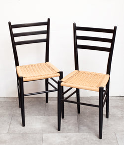 Pair of Petite Vintage Black Lacquer and Woven Seat Dining Chairs