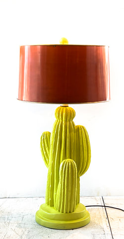 Huge Vibrant Cactus Lamp, 1970s Chalkware with Metal Shade
