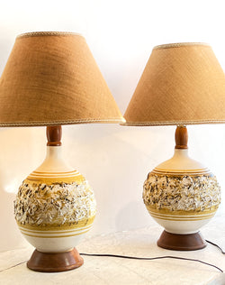 Striking Pair of (Almost) Matching Mid Century Ceramic & Walnut Lamps
