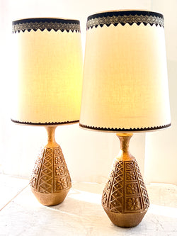 Funky Pair of Gold Metallic Chalkware Lamps w/ Giant Shades