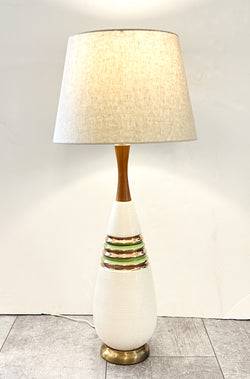 Tall Mid Century Ceramic Lamp w/ Small Footprint, Walnut Detail