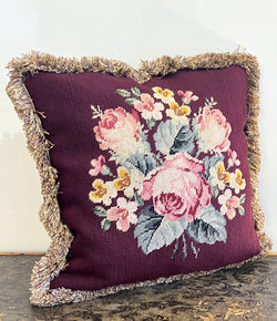 Custom Made Toss Pillow with Antique Needlepoint and Fringe
