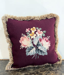 Custom Made Floral Needlepoint Toss Pillow with Fringe
