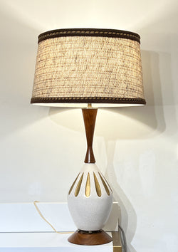 1960s Ceramic Lamp with Sculpted Walnut Details