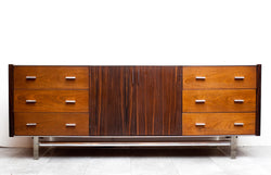 Striking Mid Century Mixed Wood Sideboard w/ Lucite & Chrome Legs