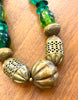Gorgeous Green Glass and Brass Bead Chunky Necklace