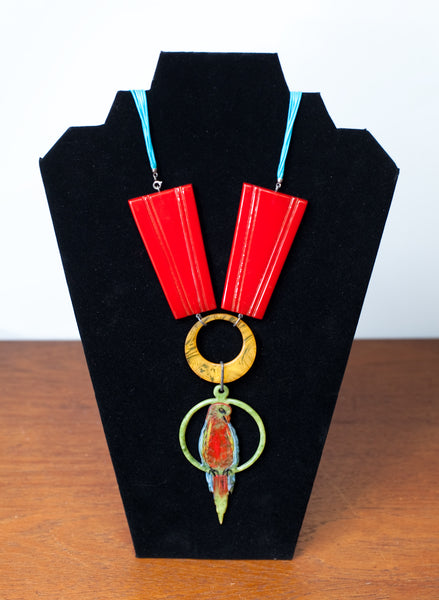 One of  Kind Custom Made Bakelite Necklace w/ Painted Parrot