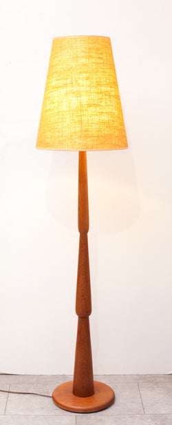 SALE! Mid Century Solid Teak Floor Lamp w/ Sculpted Details & Burlap Shade