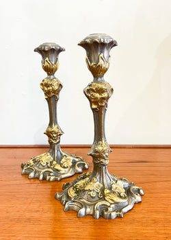 Pair of Antique Bronze Candlesticks with Elaborate Floral Design