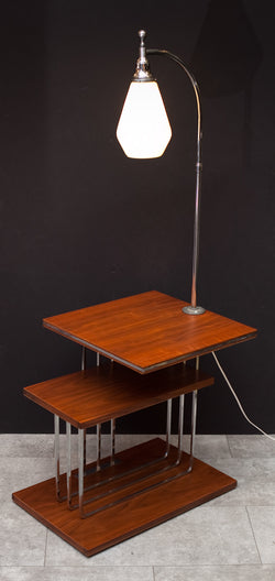 Fantastic 1930s Chrome & Walnut Floor Lamp w/ Multi-Level Table & Shelf