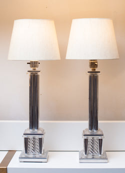 Matching Pair of 1940s "Skyscraper" Lamps in Chrome and Lucite