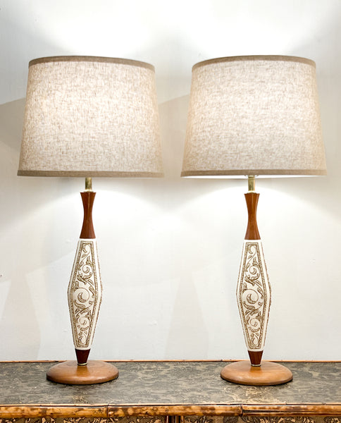 Funky Pair of Mid Century Table Lamps w/ New Linen Shades