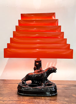Rare 1950s Ceramic Panther Lamp w/ Planter & Red Enamelled Metal Venetian Shade