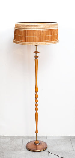 Funky 1950s Wood/Brass/Copper Lamp with Unique Textile Shade