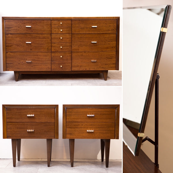 Matching Mid Century Dresser/Mirror & Pair of Nightstands, Quality Built
