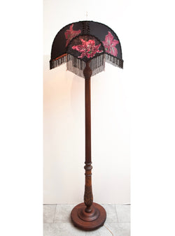 Gorgeous Antique Oak Floor Lamp, Silk & Lace Shade w/ Glass Bead Fringe