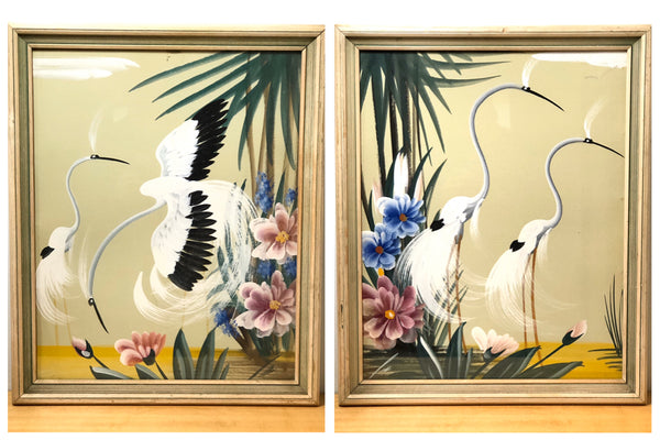 Fun Pair of Original Watercolour Paintings, Exotic Birds, Tiki-Style