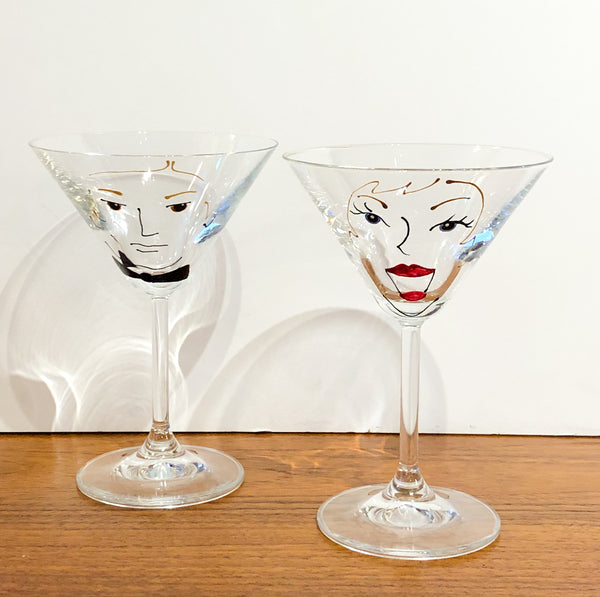 Super Cool Pair of Martini Glasses, Hand Painted, 1980s Faces
