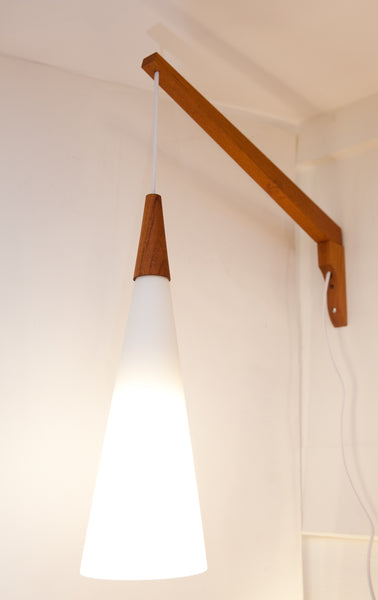 Lovely Swing Arm Teak Wall Mount Lamp w/ Luxus Sweden Glass Shade