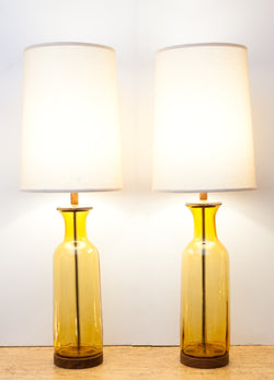 Fantastic Matching Pair of Golden Glass Lamps by Blenko, New Custom Shades