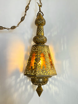 Spectacular Vintage Extra Large Middle Eastern Brass Lamp w/ Glass Panels