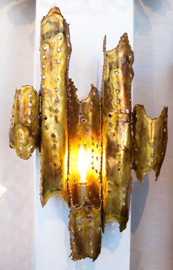 SALE! Unique Torch Cut Brass 1970s Wall Sconce Light
