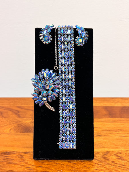 Stunning Demi-Parure Sherman Jewelry in Vibrant Aurora Borealis Sapphire Blue