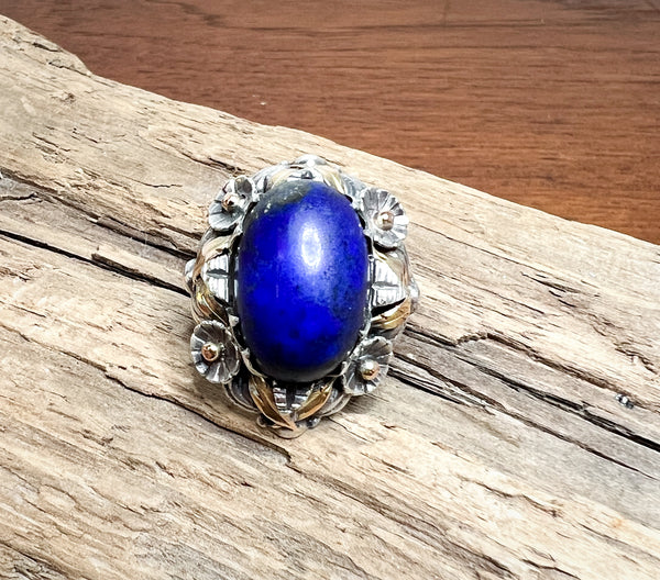 Gorgeous Antique Lapis Lazuli Ring in Sterling Silver and 18K Gold