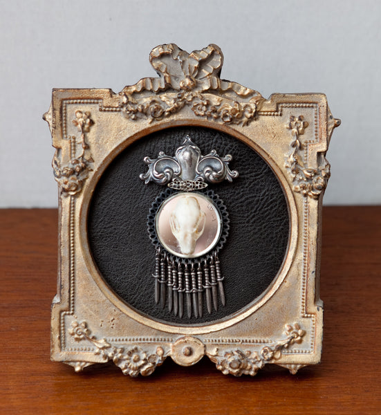 Adorable Fruit Bat Skull w/ Reclaimed Antique Mirrored Brooch & Frame