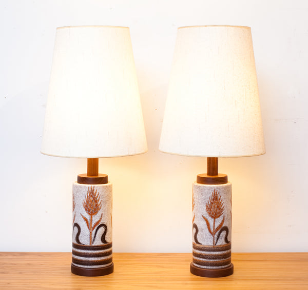 SALE! 1970s Italian Ceramic Lamps w/ Teak Accents & Original Shades