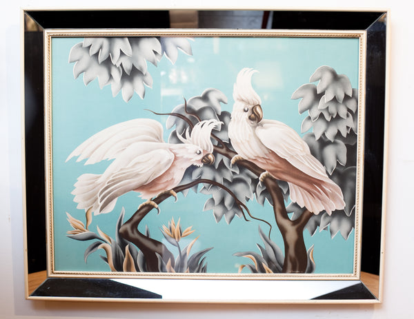 Exceptional Vintage Turner Art of Cockatoos in Mirrored Frame