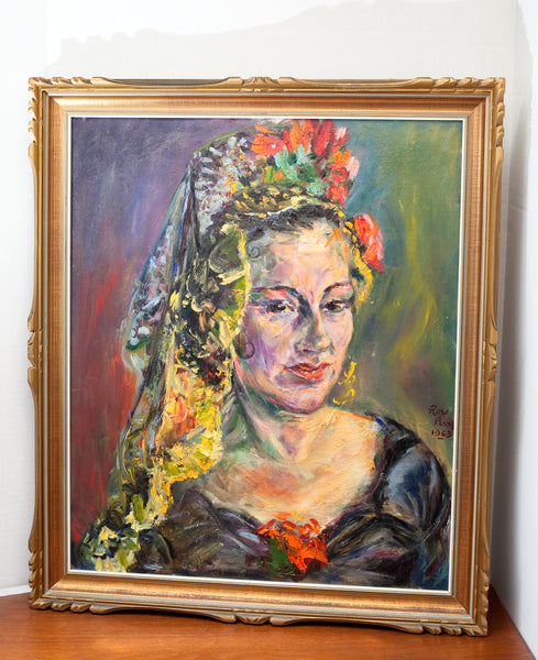 Beautiful 1963 Oil Painting on Canvas, Lady with Headdress