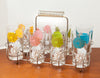 Fabulous Set of 8 1960s Pinwheel/Flower Bar Glasses w/ Caddy