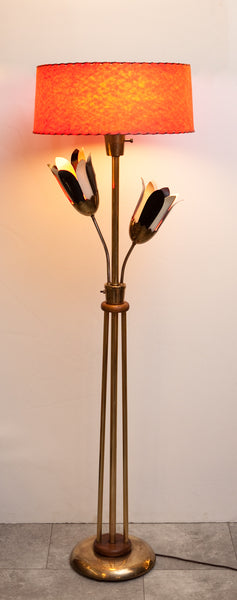 Unique 1950s Floor Lamp w/ Metal Flower Shades