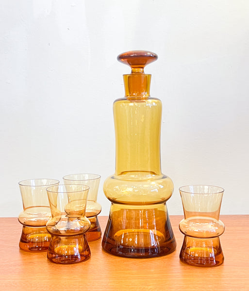Beautiful Amber Glass Mid Century Decanter Set w/ Curvy Shape