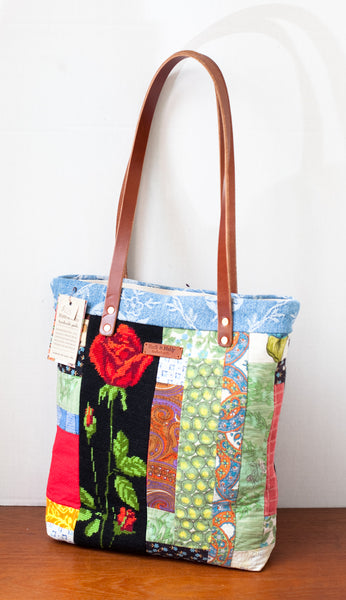 Colourful Patchwork Tote Bag, Made w/ Vintage Fabric & Needlepoint