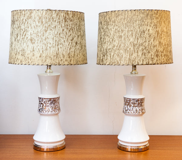 Gorgeous Matching Pair of 1950s Ceramic Lamps w/ Fibreglass Shades