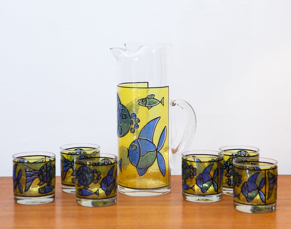 Fab "Stained Glass" Mid Century Bar Ware with Fish Design