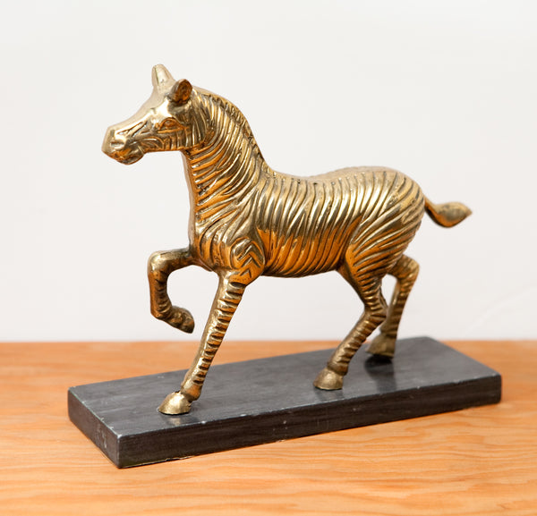 Charming Vintage Brass Zebra on Marble Base