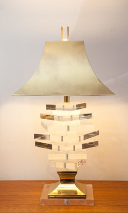 Epic 1980s Stacked Lucite Lamp w/ Brass Shade and Base