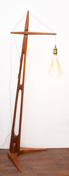 One of a Kind Vintage Carved Cedar Floor Lamp, Industrial Style