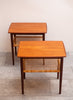 Sweet *Pair* of Mid Century Teak Side Tables w/ Rattan Shelf
