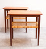 Sweet *Pair* of Mid Century Teak Side Tables w/ Rattan Shelf