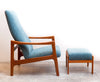 Mid Century Teak High Back Chair w/ Ottoman, New Upholstery